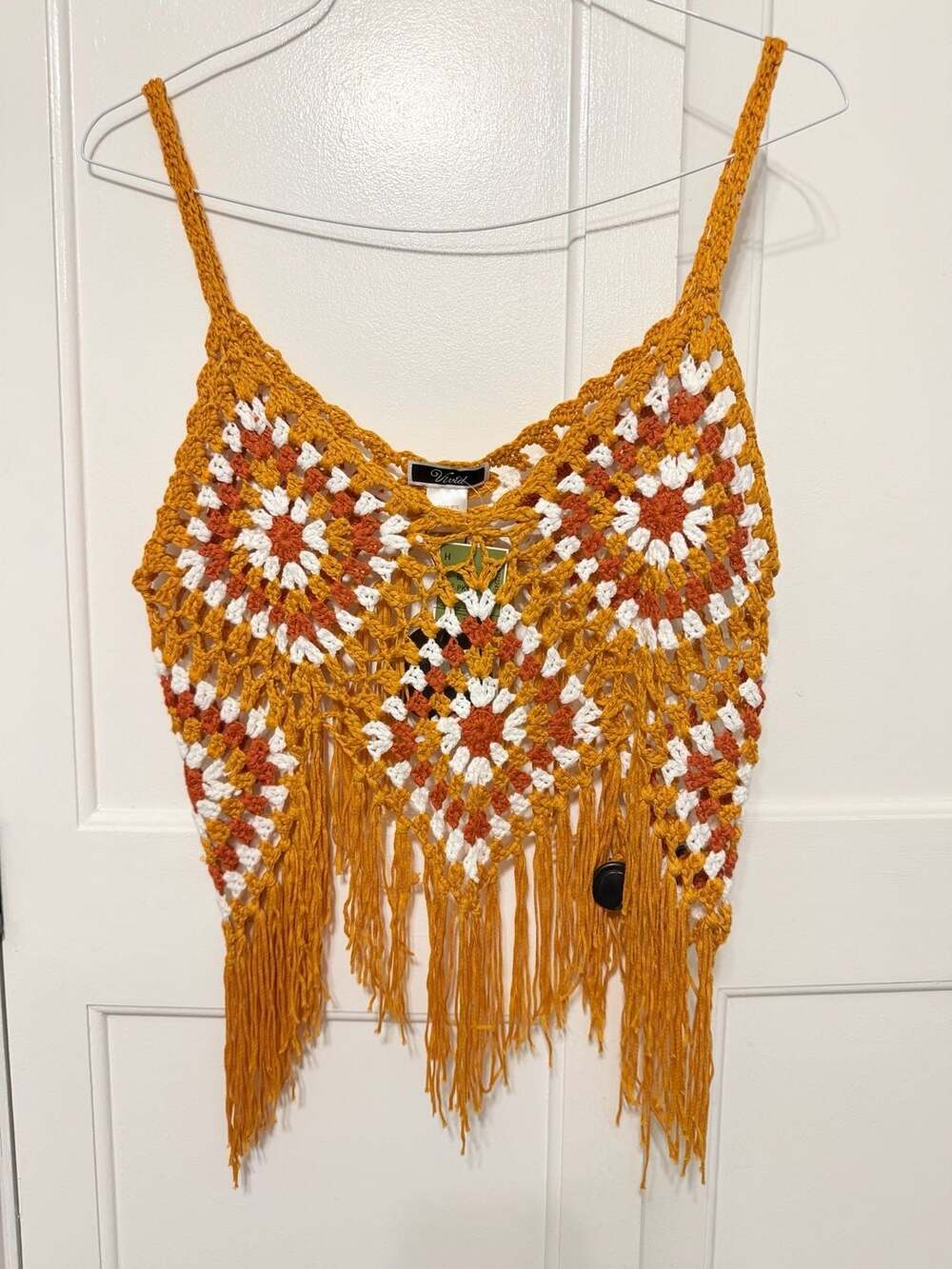 Vivid Boho Hippie Crochet Fringe Crop Top Mustard White Rust Medium 9012 NWT